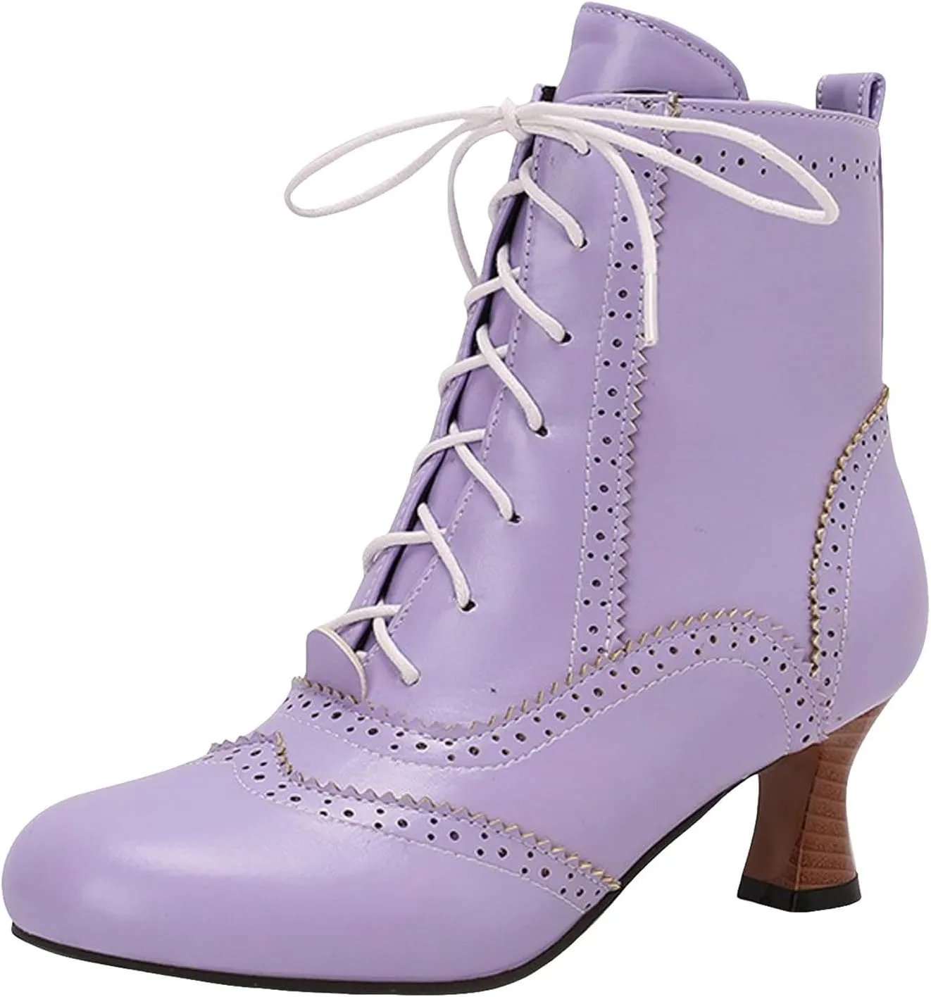 Womens Ankle Boots Wide Calf,Mid Heel Victorian Boots Vintage Lace Up Dance Booties Cosplay Witch Shoes for Women
