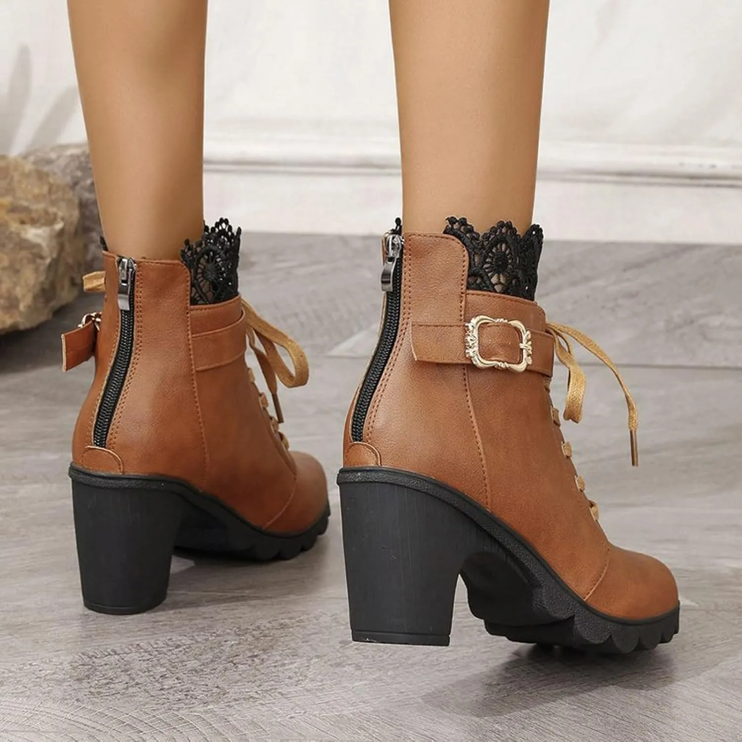 Womens Ankle Boots with Heel,Gothic Lace Up Combat Boots Punk Floral Lace Cosplay Booties Chunky High Heel Shoes
