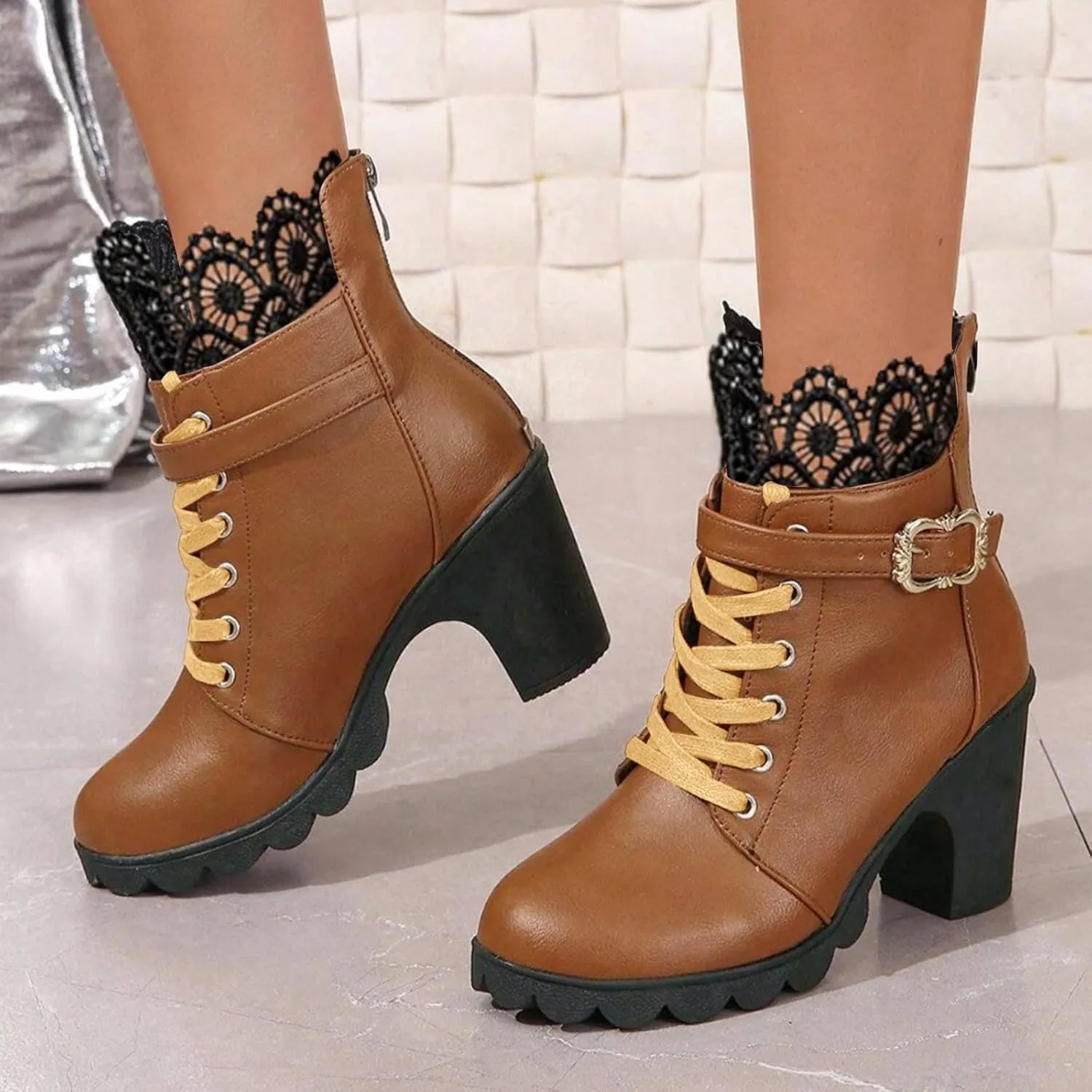 Womens Ankle Boots with Heel,Gothic Lace Up Combat Boots Punk Floral Lace Cosplay Booties Chunky High Heel Shoes