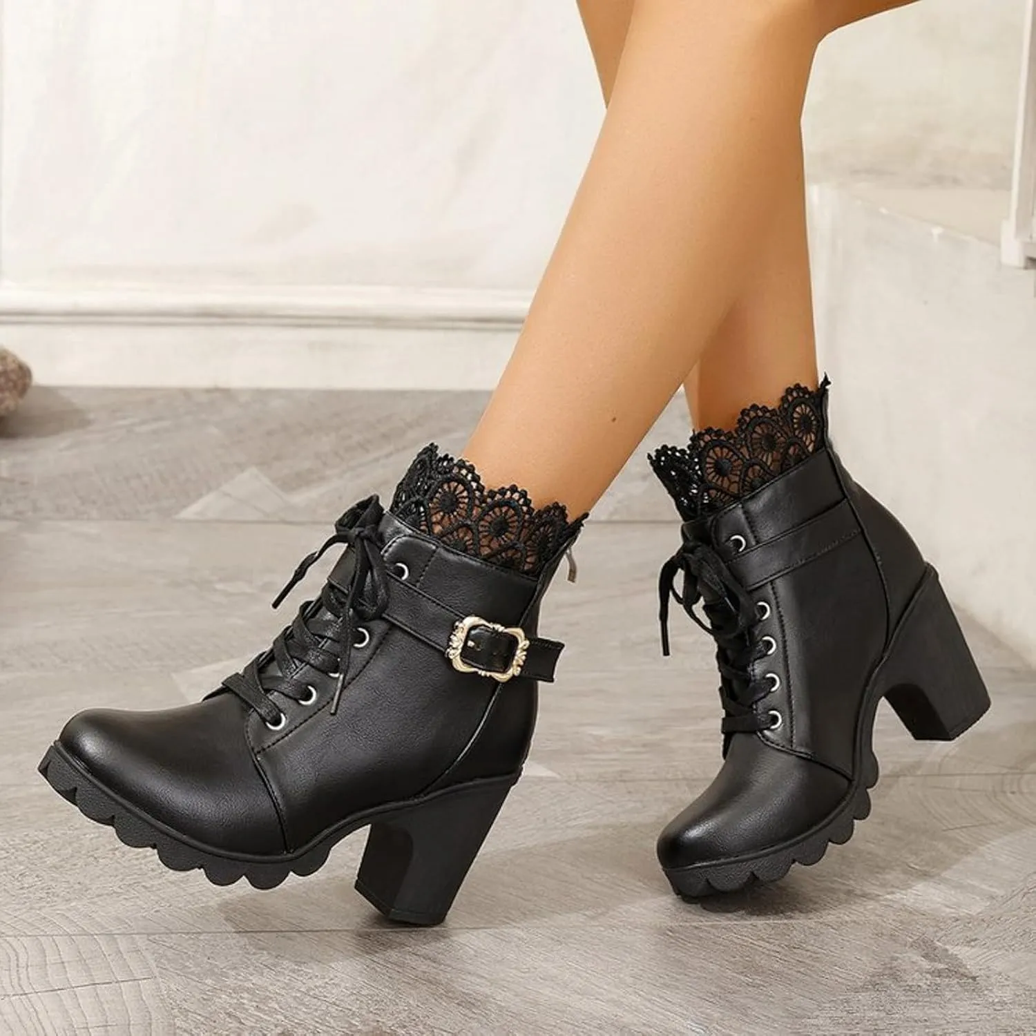 Womens Ankle Boots with Heel,Gothic Lace Up Combat Boots Punk Floral Lace Cosplay Booties Chunky High Heel Shoes