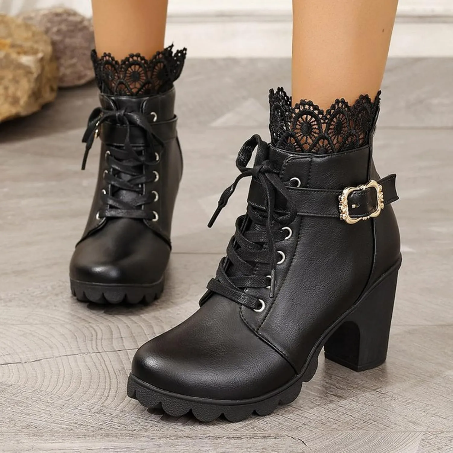 Womens Ankle Boots with Heel,Gothic Lace Up Combat Boots Punk Floral Lace Cosplay Booties Chunky High Heel Shoes