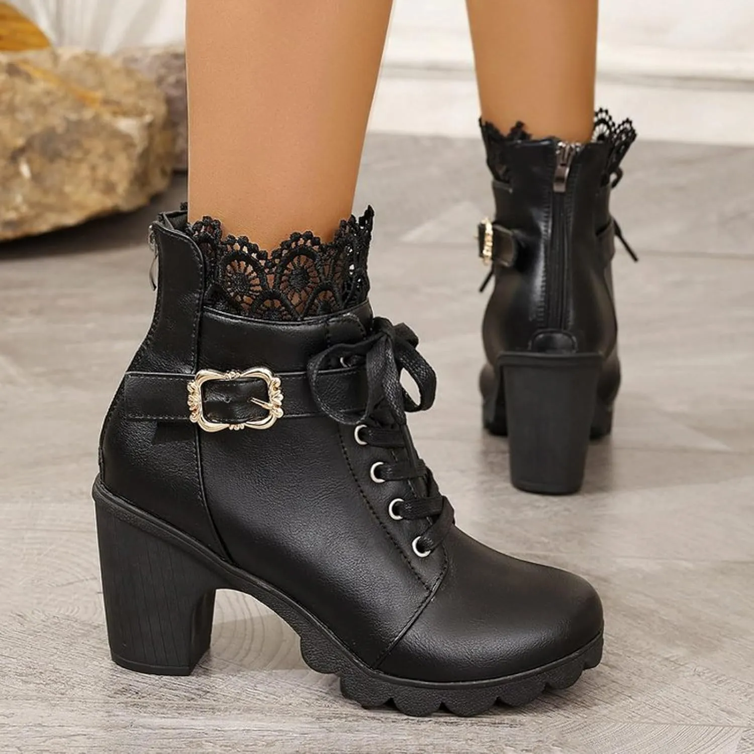 Womens Ankle Boots with Heel,Gothic Lace Up Combat Boots Punk Floral Lace Cosplay Booties Chunky High Heel Shoes