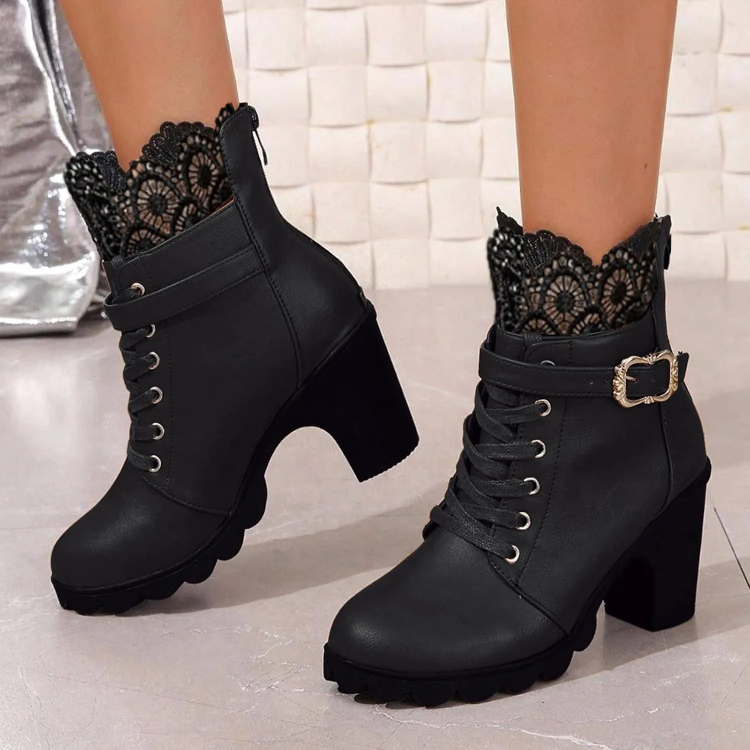 Womens Ankle Boots with Heel,Gothic Lace Up Combat Boots Punk Floral Lace Cosplay Booties Chunky High Heel Shoes