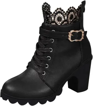 Womens Ankle Boots with Heel,Gothic Lace Up Combat Boots Punk Floral Lace Cosplay Booties Chunky High Heel Shoes