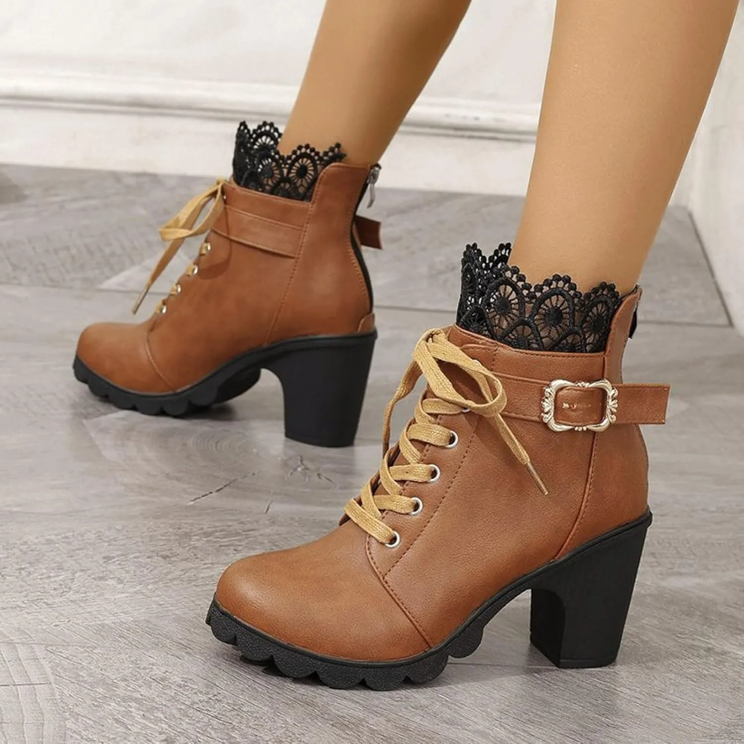 Womens Ankle Boots with Heel,Gothic Lace Up Combat Boots Punk Floral Lace Cosplay Booties Chunky High Heel Shoes
