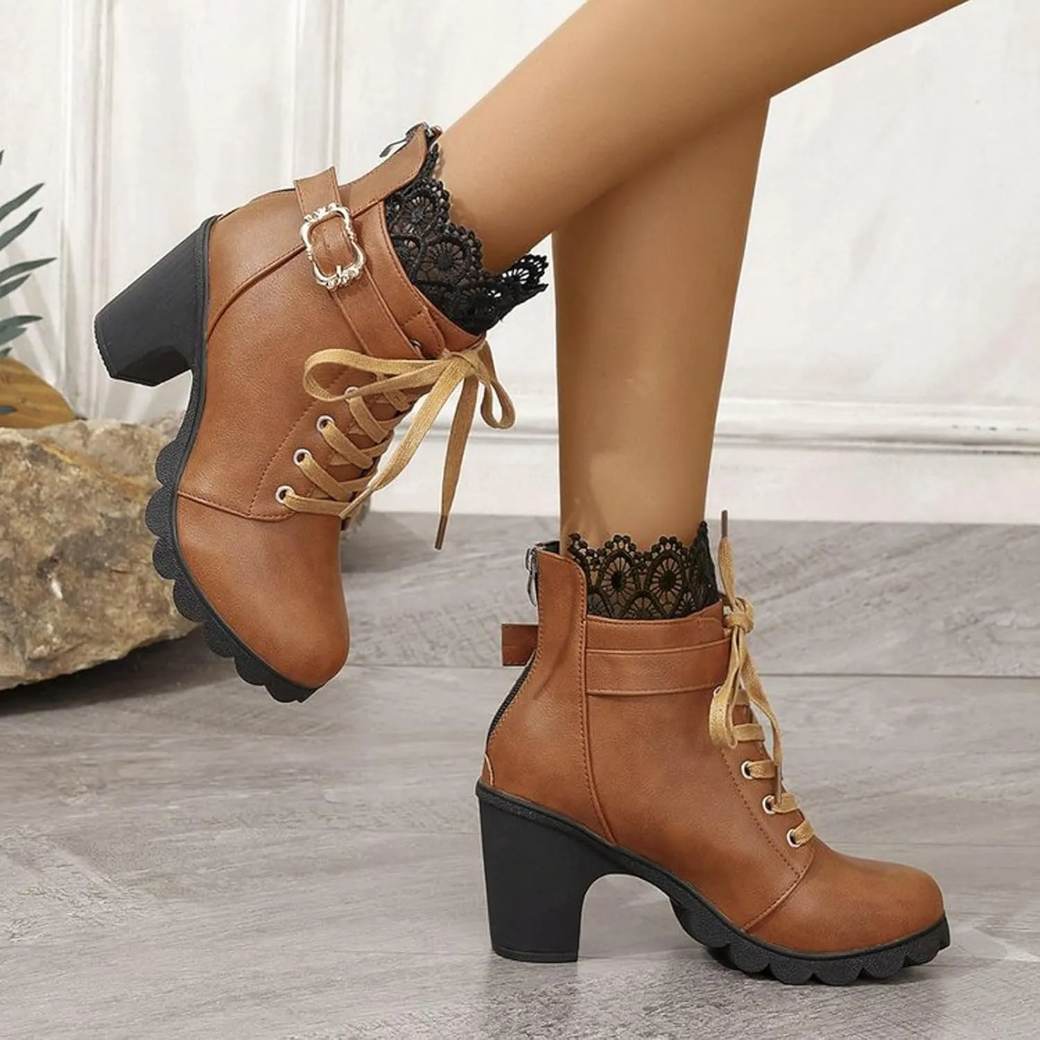 Womens Ankle Boots with Heel,Gothic Lace Up Combat Boots Punk Floral Lace Cosplay Booties Chunky High Heel Shoes