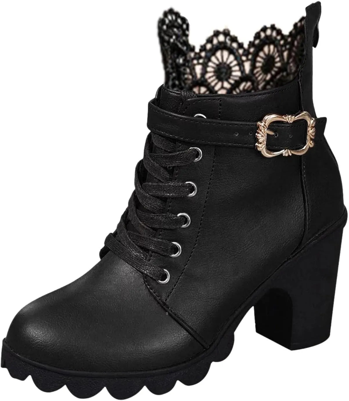 Womens Ankle Boots with Heel,Gothic Lace Up Combat Boots Punk Floral Lace Cosplay Booties Chunky High Heel Shoes