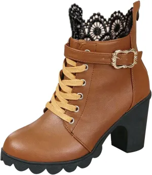 Womens Ankle Boots with Heel,Gothic Lace Up Combat Boots Punk Floral Lace Cosplay Booties Chunky High Heel Shoes