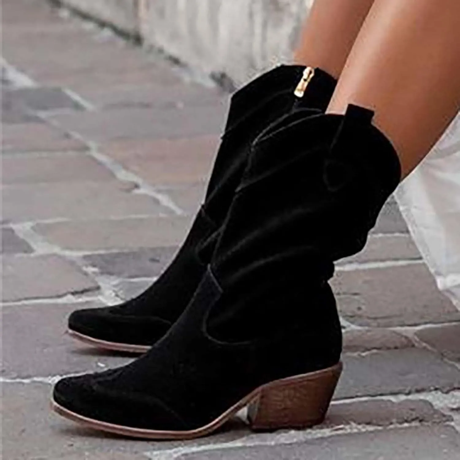 Womens Ankle Cowboy Boots Closed Toe Stacked Heel Booties Shoes Western Round Toe Suede Wide Width Flat Womens Boots Mid Calf Slouchy Winter Boots for Women