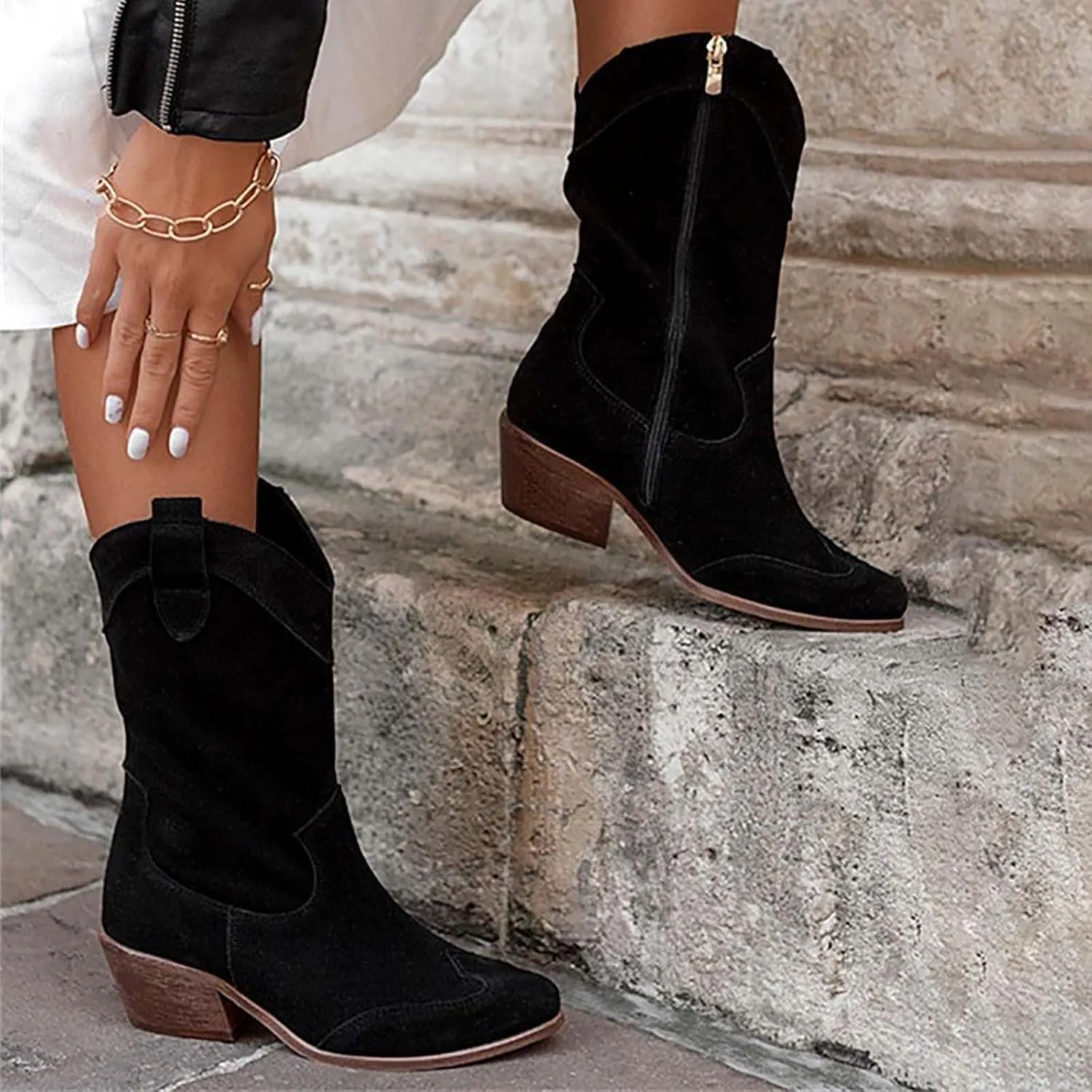 Womens Ankle Cowboy Boots Closed Toe Stacked Heel Booties Shoes Western Round Toe Suede Wide Width Flat Womens Boots Mid Calf Slouchy Winter Boots for Women