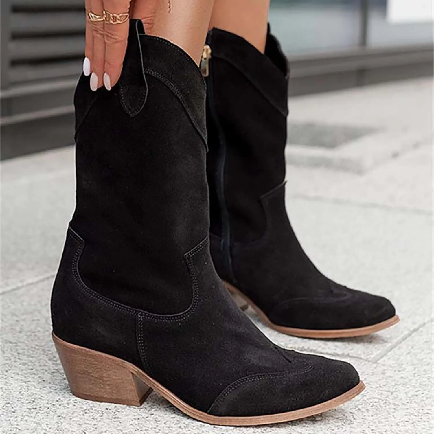 Womens Ankle Cowboy Boots Closed Toe Stacked Heel Booties Shoes Western Round Toe Suede Wide Width Flat Womens Boots Mid Calf Slouchy Winter Boots for Women