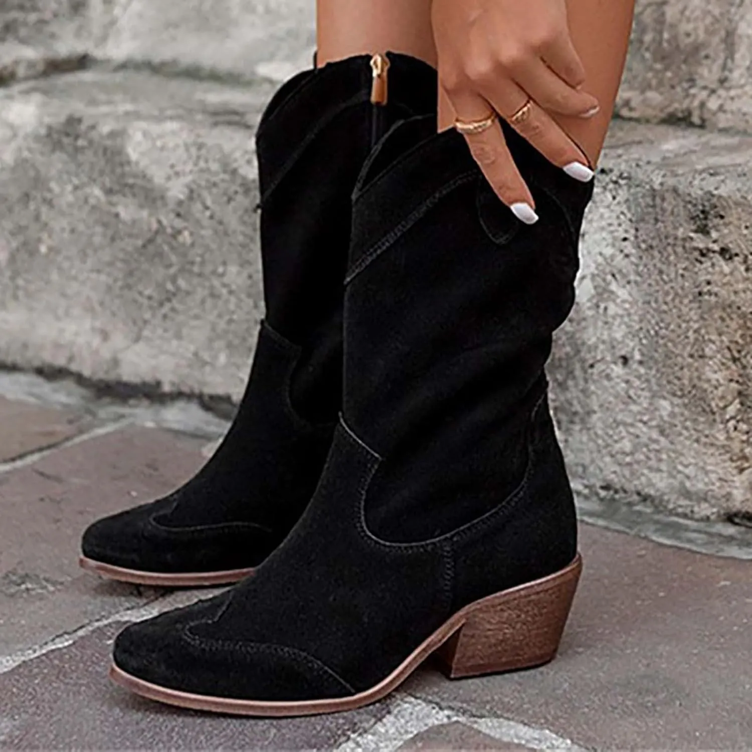 Womens Ankle Cowboy Boots Closed Toe Stacked Heel Booties Shoes Western Round Toe Suede Wide Width Flat Womens Boots Mid Calf Slouchy Winter Boots for Women