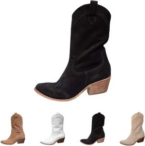 Womens Ankle Cowboy Boots Closed Toe Stacked Heel Booties Shoes Western Round Toe Suede Wide Width Flat Womens Boots Mid Calf Slouchy Winter Boots for Women
