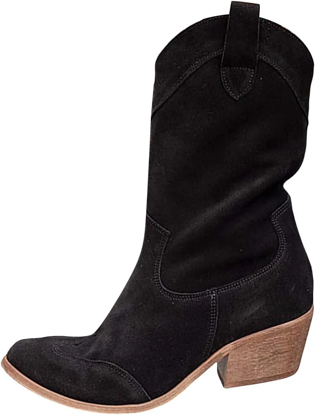 Womens Ankle Cowboy Boots Closed Toe Stacked Heel Booties Shoes Western Round Toe Suede Wide Width Flat Womens Boots Mid Calf Slouchy Winter Boots for Women
