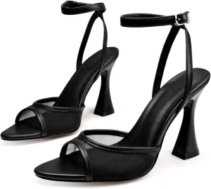 Women's Ankle Strap Fine Heeled Wedding Mesh Kitten Heels Sandals Pointed Open Toe Ankle Buckle Strap Summer Dress Shoes