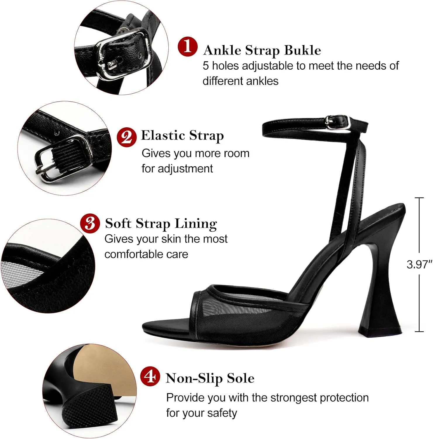Women's Ankle Strap Fine Heeled Wedding Mesh Kitten Heels Sandals Pointed Open Toe Ankle Buckle Strap Summer Dress Shoes