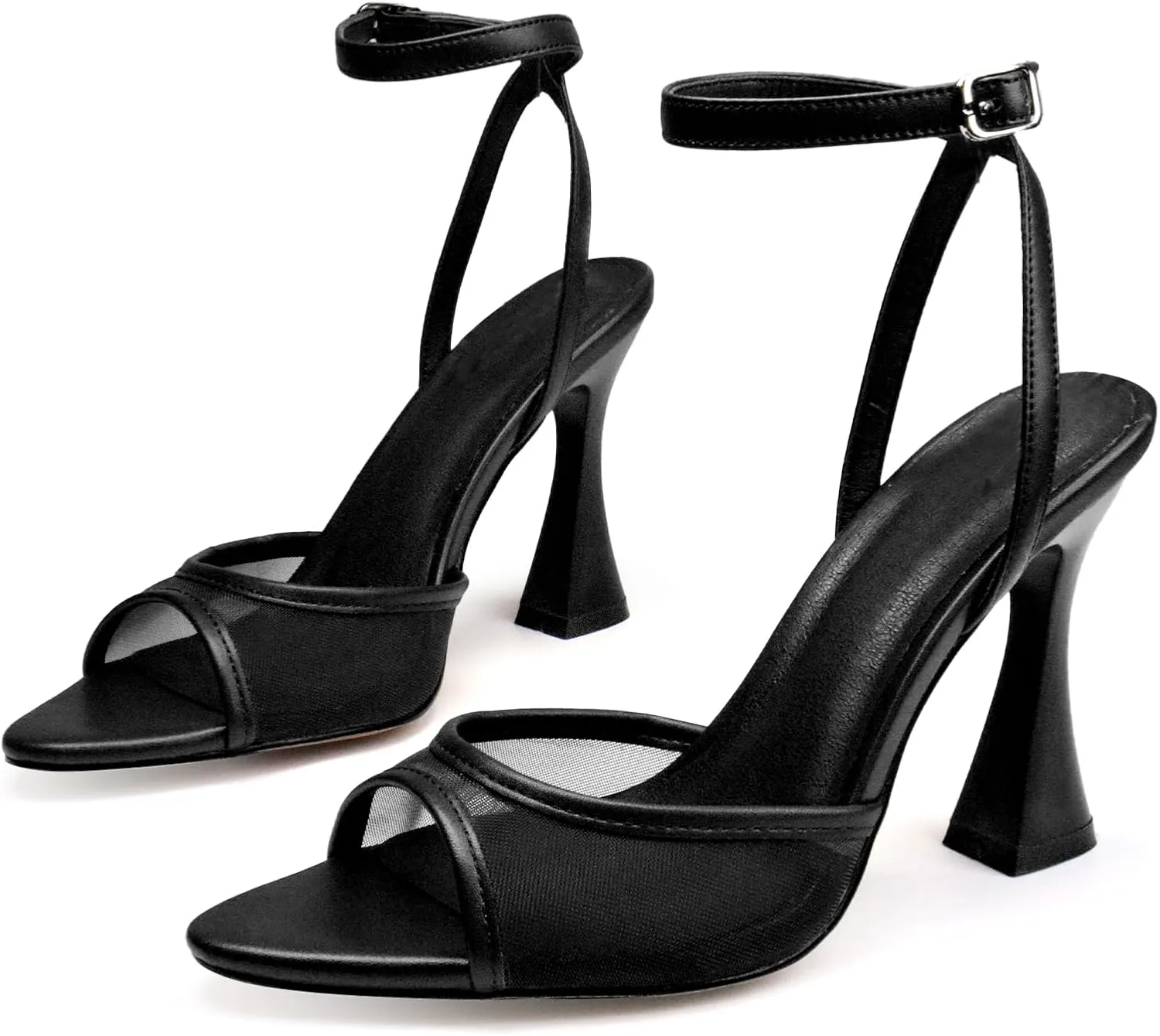 Women's Ankle Strap Fine Heeled Wedding Mesh Kitten Heels Sandals Pointed Open Toe Ankle Buckle Strap Summer Dress Shoes