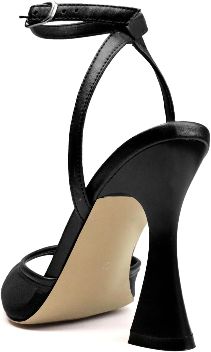 Women's Ankle Strap Fine Heeled Wedding Mesh Kitten Heels Sandals Pointed Open Toe Ankle Buckle Strap Summer Dress Shoes