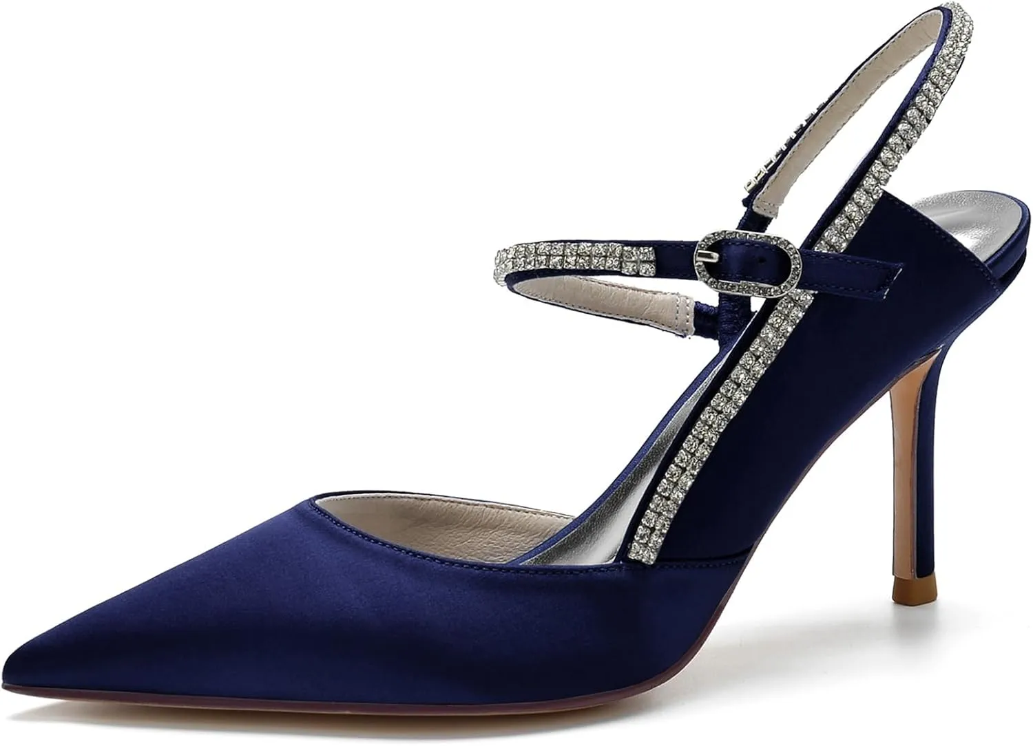 Women's Ankle Strap Prom Party Slingback Shoes Pumps Pointed Satin Wedding for Bride Comfortable Bridal Shoes with Crystal