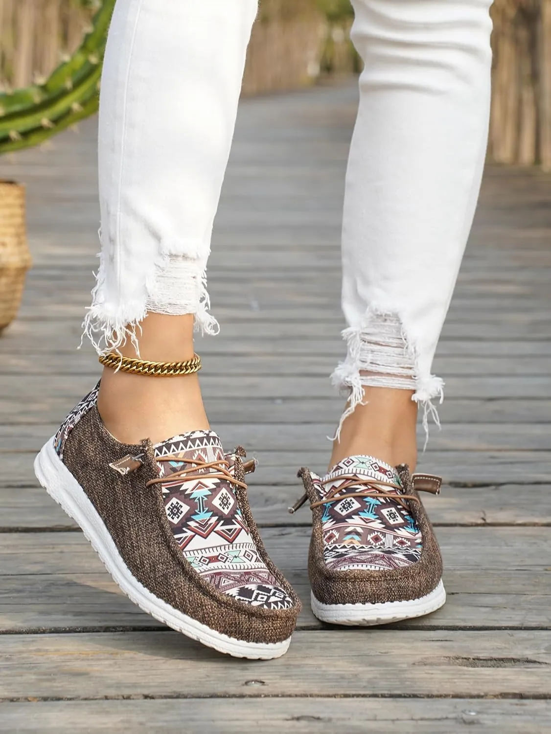 Women's Aztec Print Slip-On Loafers - Elastic Lace Comfort Shoes, Lightweight Foam Sole, Orthotic Support for Daily Wear, Trendy Casual Sneakers (US 6-11)