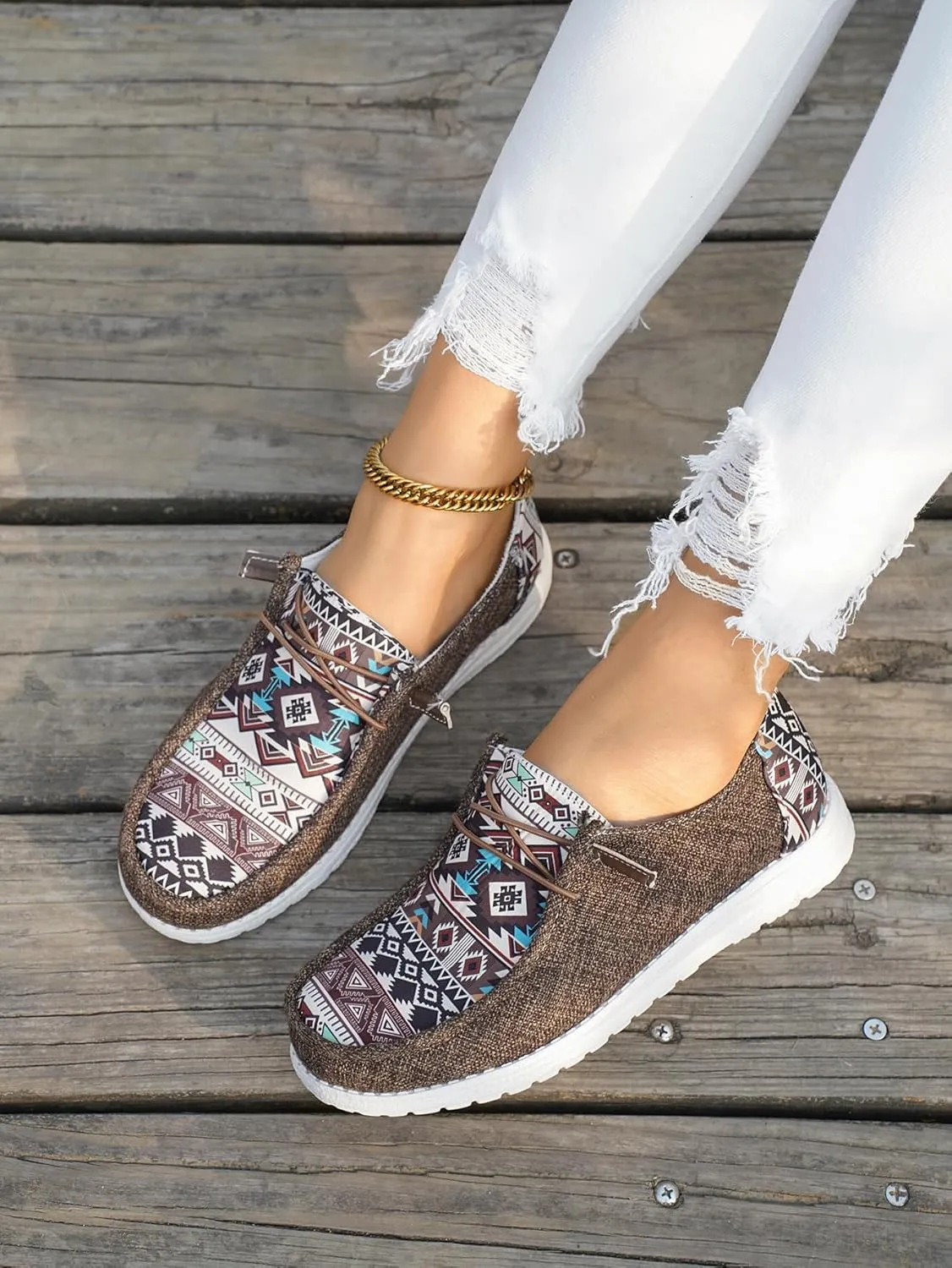 Women's Aztec Print Slip-On Loafers - Elastic Lace Comfort Shoes, Lightweight Foam Sole, Orthotic Support for Daily Wear, Trendy Casual Sneakers (US 6-11)
