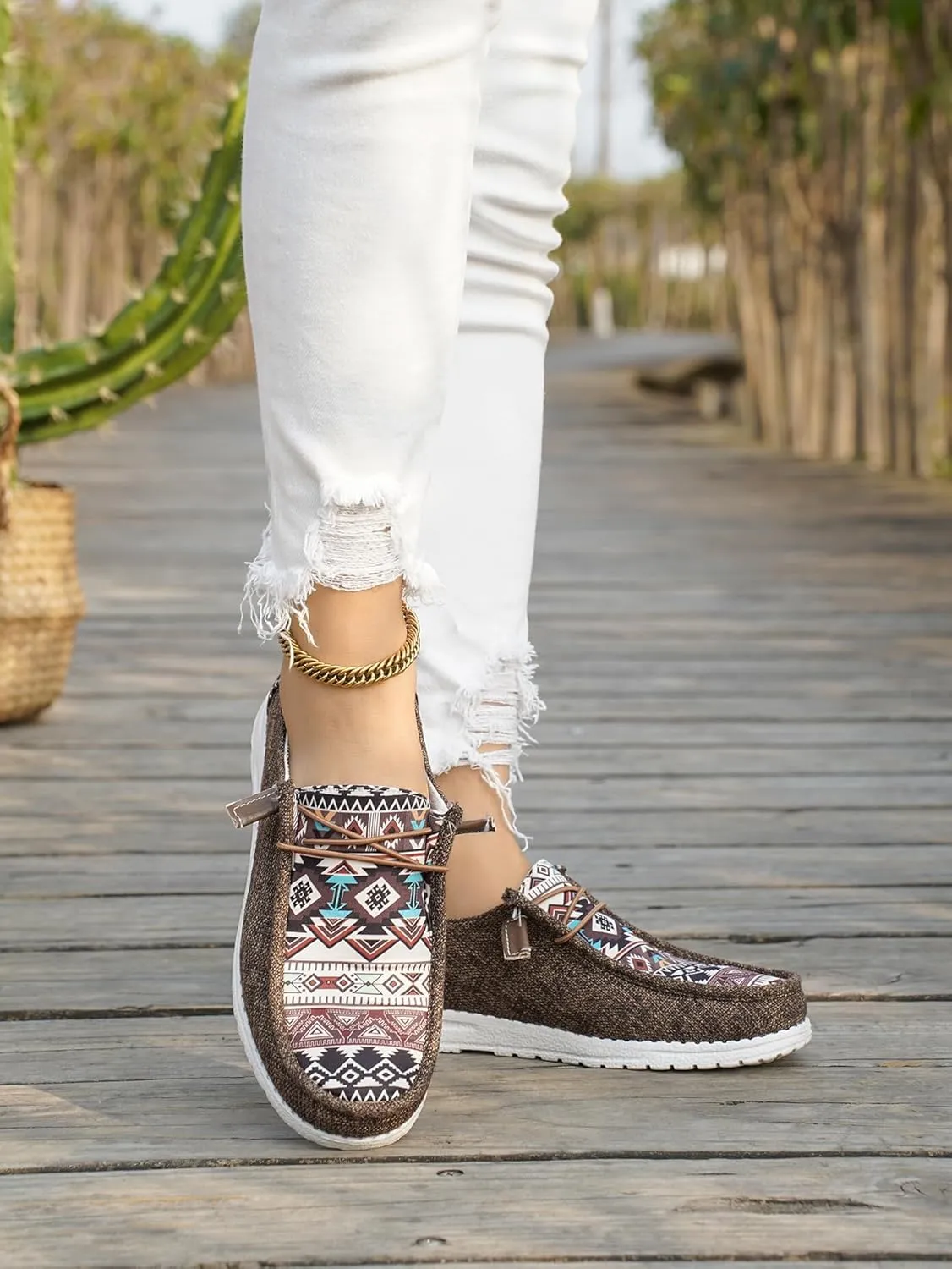 Women's Aztec Print Slip-On Loafers - Elastic Lace Comfort Shoes, Lightweight Foam Sole, Orthotic Support for Daily Wear, Trendy Casual Sneakers (US 6-11)