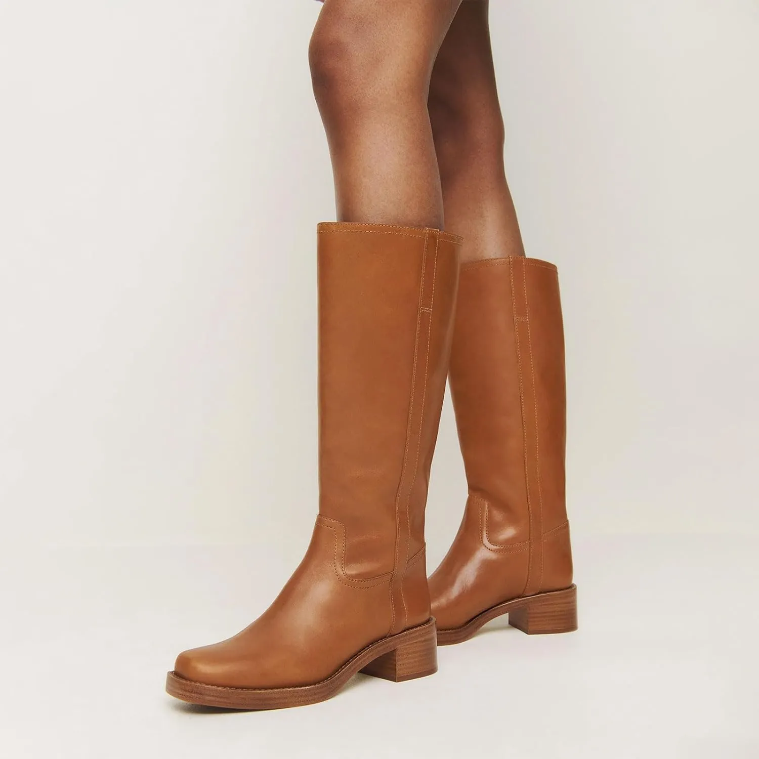 Women's Banana Knee High Boots Square Toe Chunky Block Heel Long Boots for Women Comfortable Low Heel Pull on Wide Calf Riding Boots