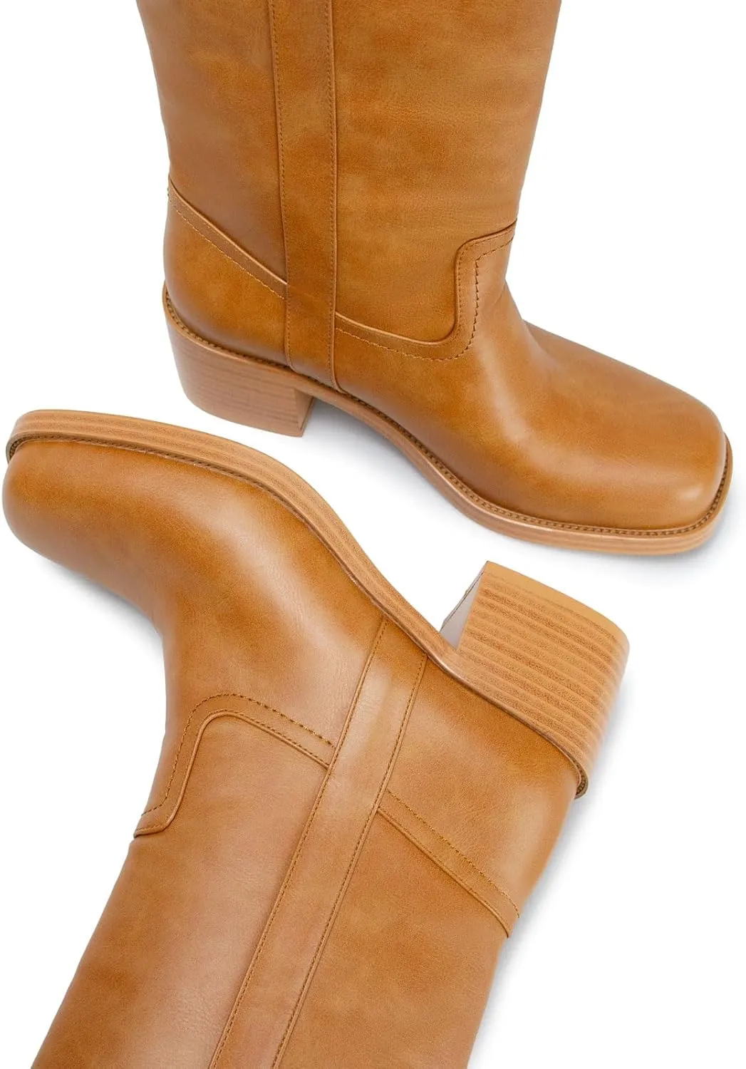 Women's Banana Knee High Boots Square Toe Chunky Block Heel Long Boots for Women Comfortable Low Heel Pull on Wide Calf Riding Boots