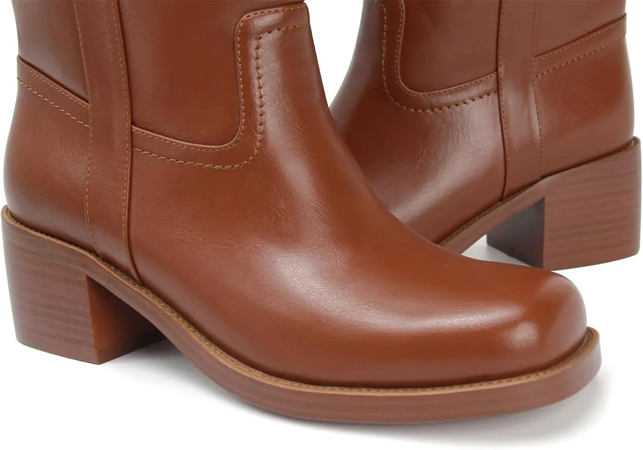 Women's Banana Knee High Boots Square Toe Chunky Block Heel Long Boots for Women Comfortable Low Heel Pull on Wide Calf Riding Boots