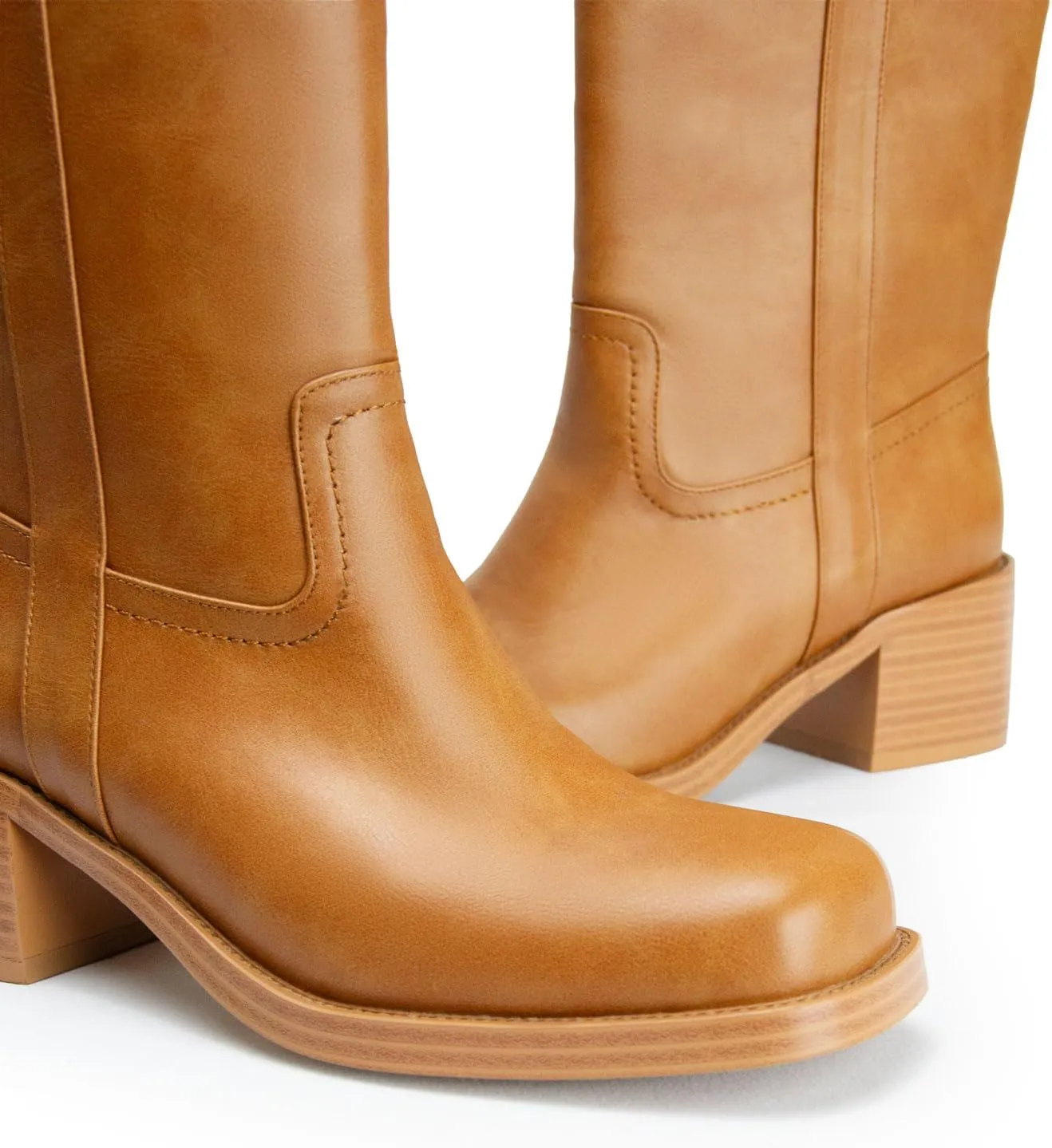 Women's Banana Knee High Boots Square Toe Chunky Block Heel Long Boots for Women Comfortable Low Heel Pull on Wide Calf Riding Boots
