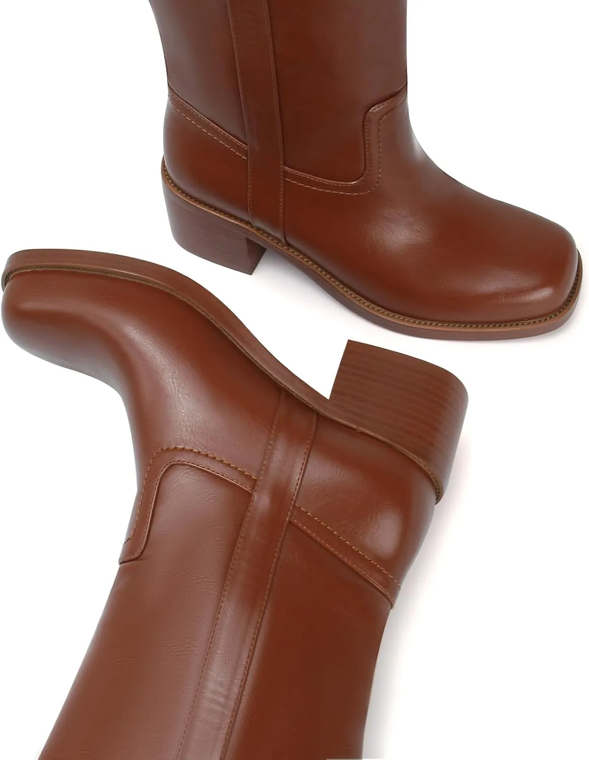 Women's Banana Knee High Boots Square Toe Chunky Block Heel Long Boots for Women Comfortable Low Heel Pull on Wide Calf Riding Boots