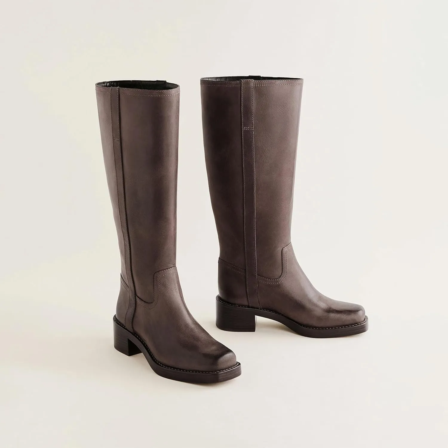 Women's Banana Knee High Boots Square Toe Chunky Block Heel Long Boots for Women Comfortable Low Heel Pull on Wide Calf Riding Boots