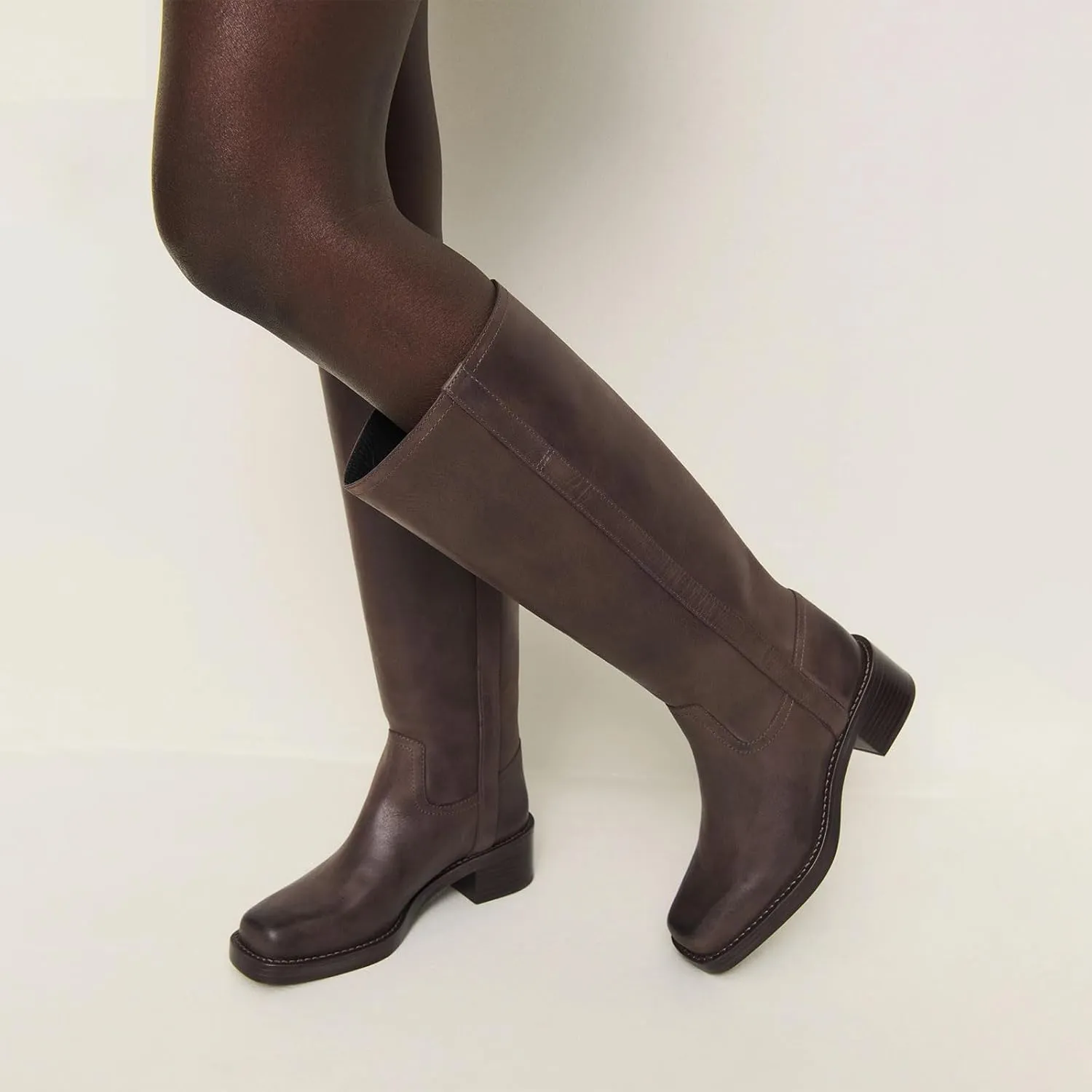 Women's Banana Knee High Boots Square Toe Chunky Block Heel Long Boots for Women Comfortable Low Heel Pull on Wide Calf Riding Boots