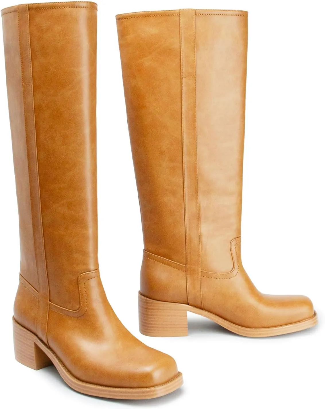 Women's Banana Knee High Boots Square Toe Chunky Block Heel Long Boots for Women Comfortable Low Heel Pull on Wide Calf Riding Boots