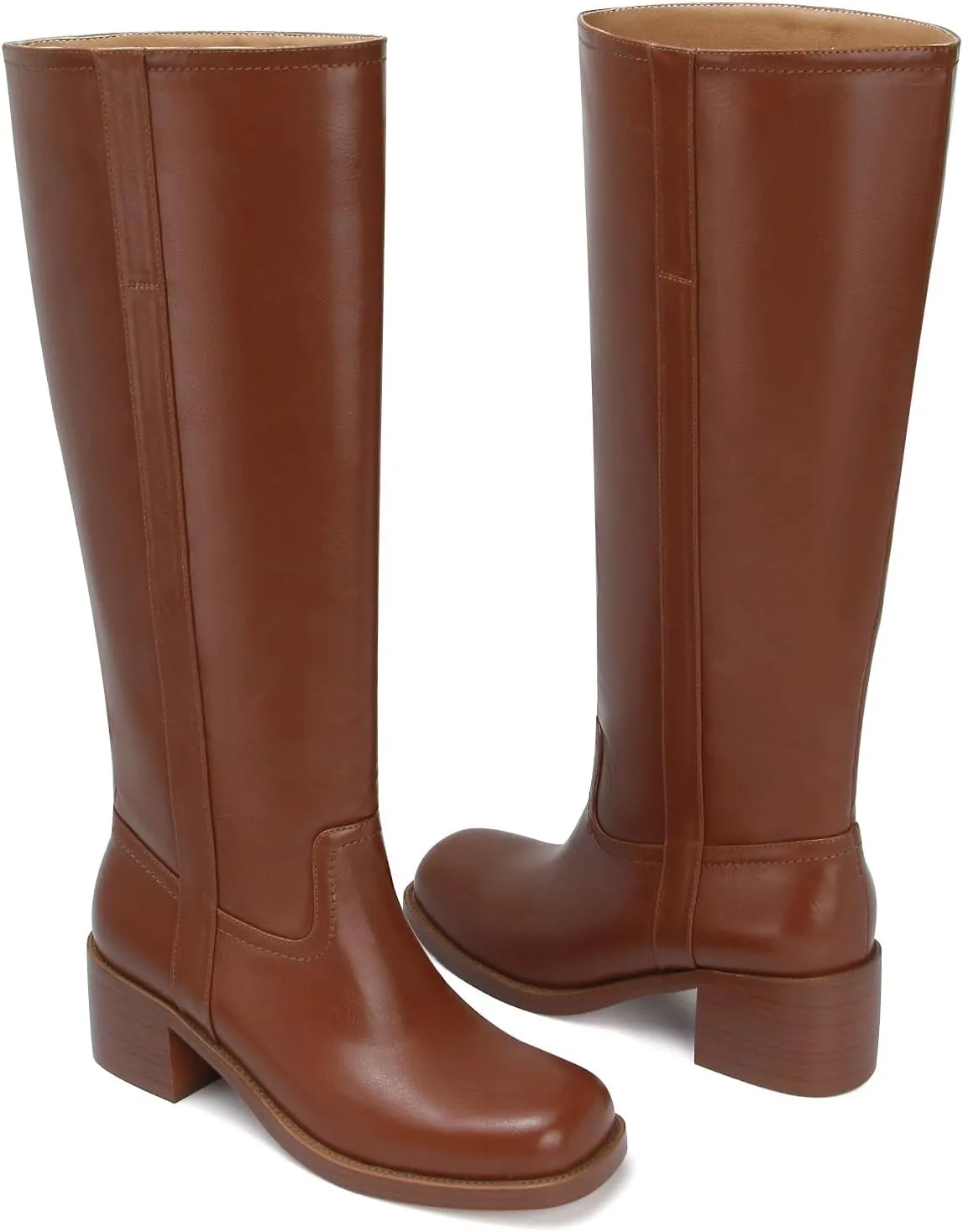 Women's Banana Knee High Boots Square Toe Chunky Block Heel Long Boots for Women Comfortable Low Heel Pull on Wide Calf Riding Boots