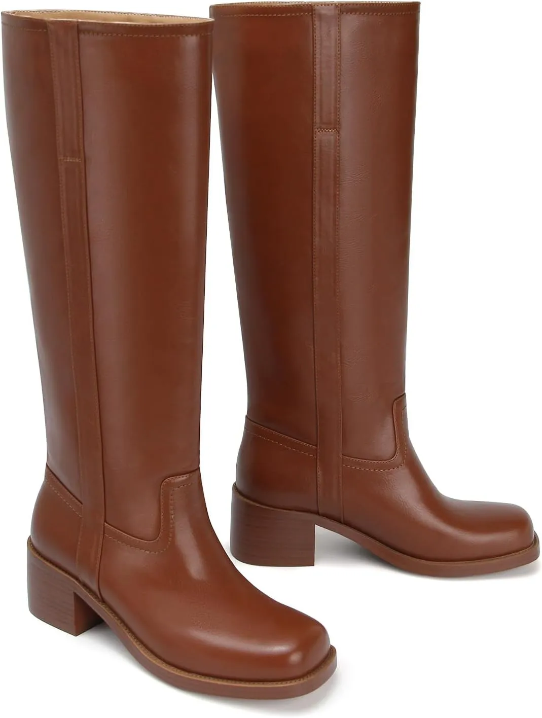 Women's Banana Knee High Boots Square Toe Chunky Block Heel Long Boots for Women Comfortable Low Heel Pull on Wide Calf Riding Boots