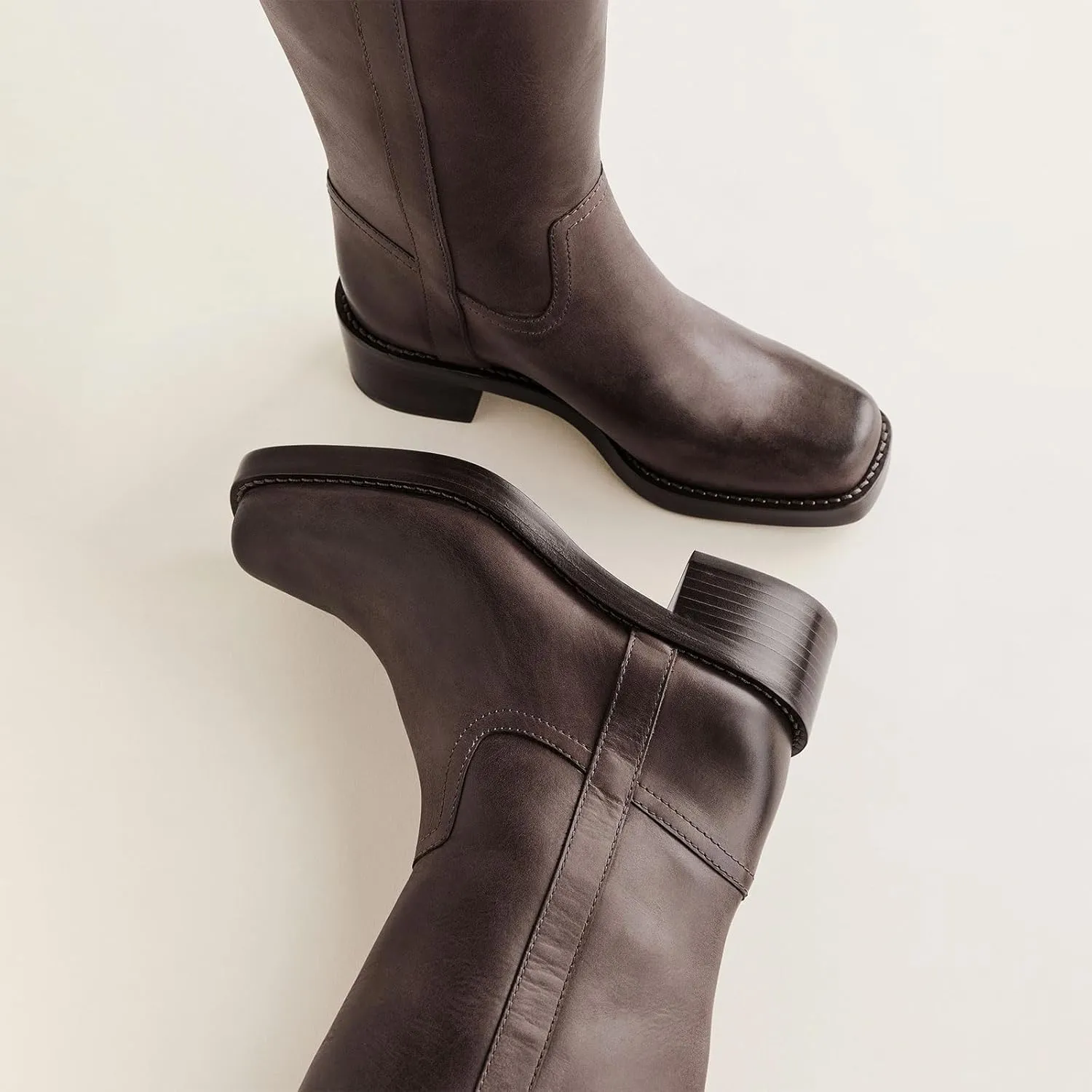 Women's Banana Knee High Boots Square Toe Chunky Block Heel Long Boots for Women Comfortable Low Heel Pull on Wide Calf Riding Boots