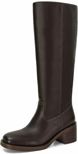 Womens Banana Knee High Boots Square Toe Comfortable Campus Boots Block Heel Riding Boots Wide Calf Long Tall Boots
