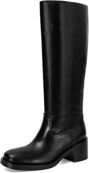 Womens Banana Knee High Boots Square Toe Comfortable Campus Boots Block Heel Riding Boots Wide Calf Long Tall Boots