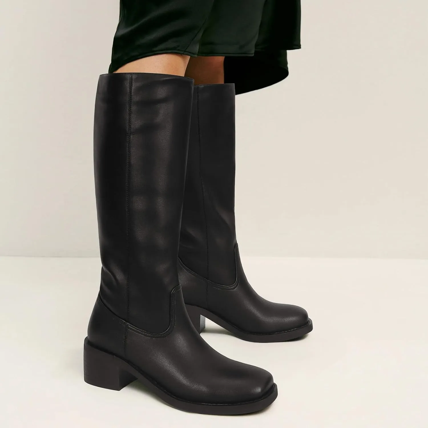 Womens Banana Knee High Boots Square Toe Comfortable Campus Boots Block Heel Riding Boots Wide Calf Long Tall Boots