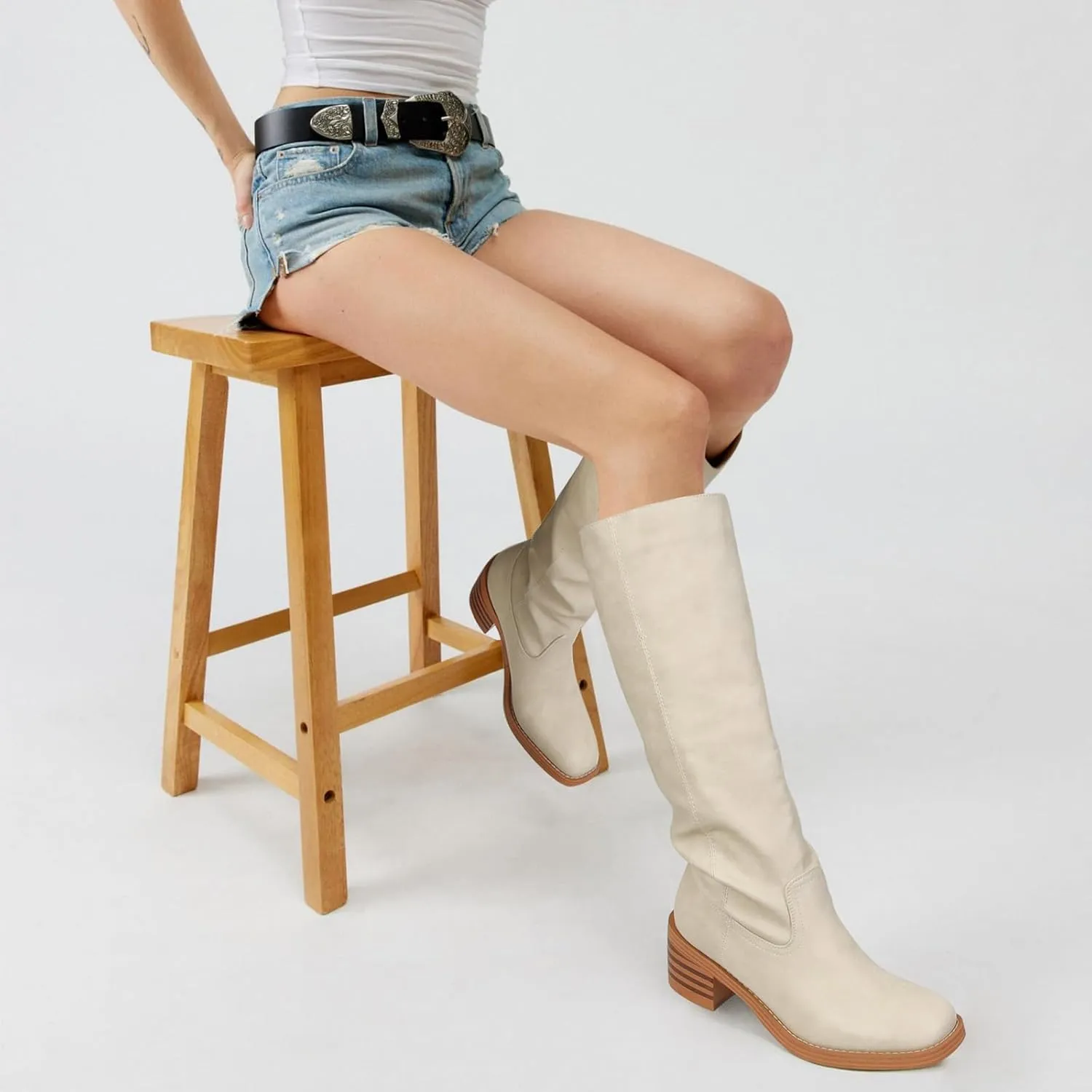 Womens Banana Knee High Boots Square Toe Comfortable Campus Boots Block Heel Riding Boots Wide Calf Long Tall Boots