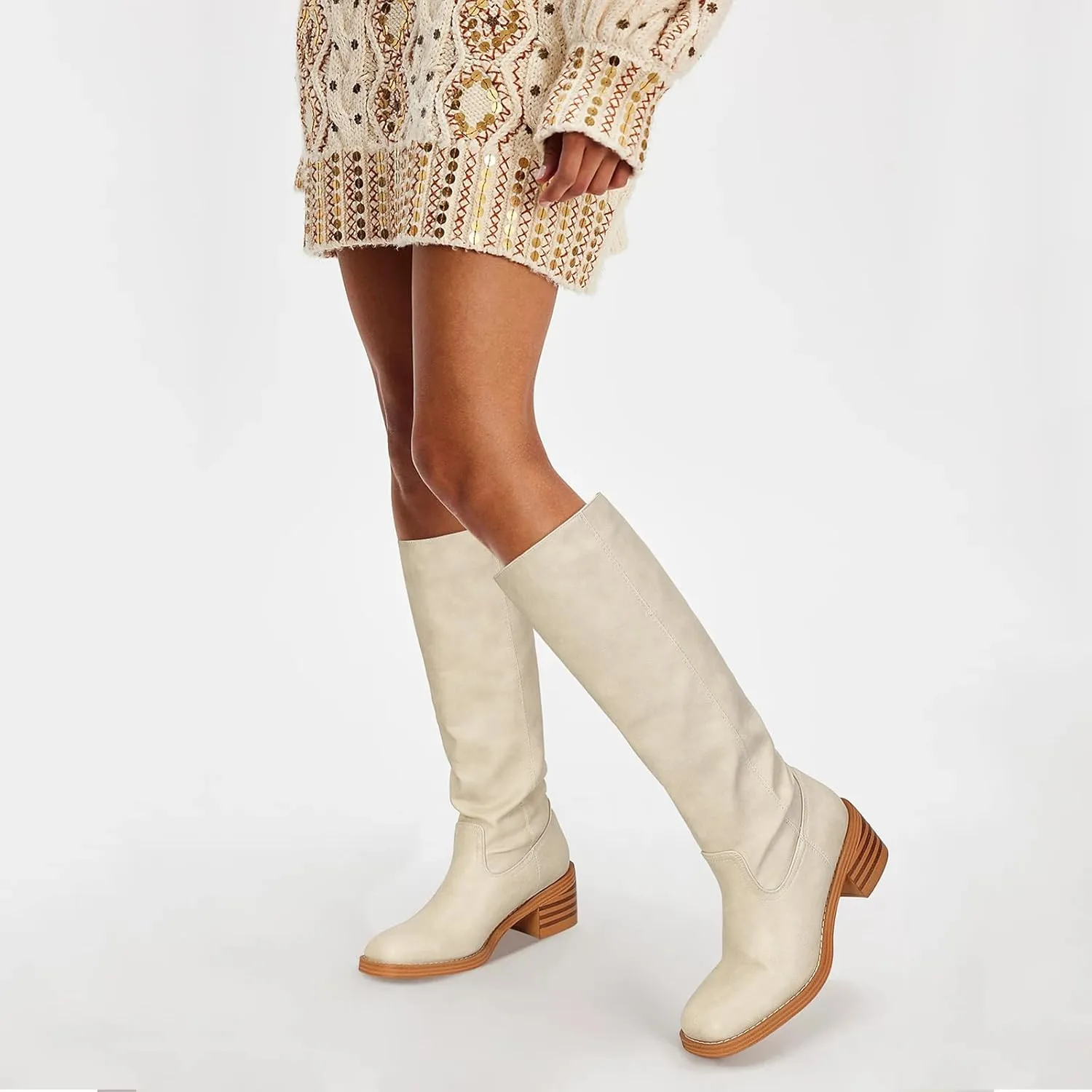 Womens Banana Knee High Boots Square Toe Comfortable Campus Boots Block Heel Riding Boots Wide Calf Long Tall Boots