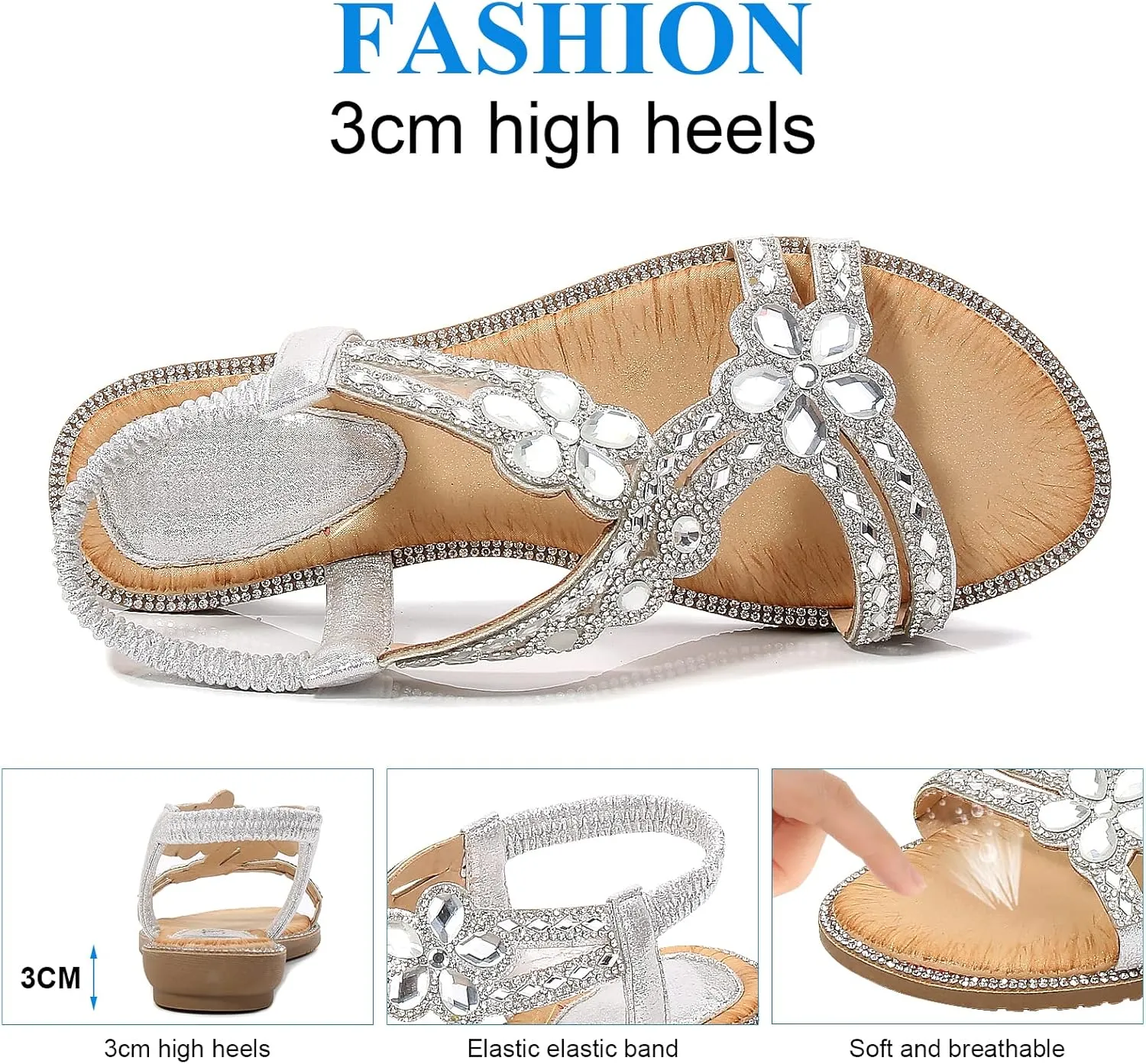 Women's Beaded Rhinestones Sandals T-Strap Bohemian Sandals Breathable Dressy Summer Shoes Outdoor