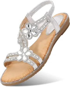 Women's Beaded Rhinestones Sandals T-Strap Bohemian Sandals Breathable Dressy Summer Shoes Outdoor