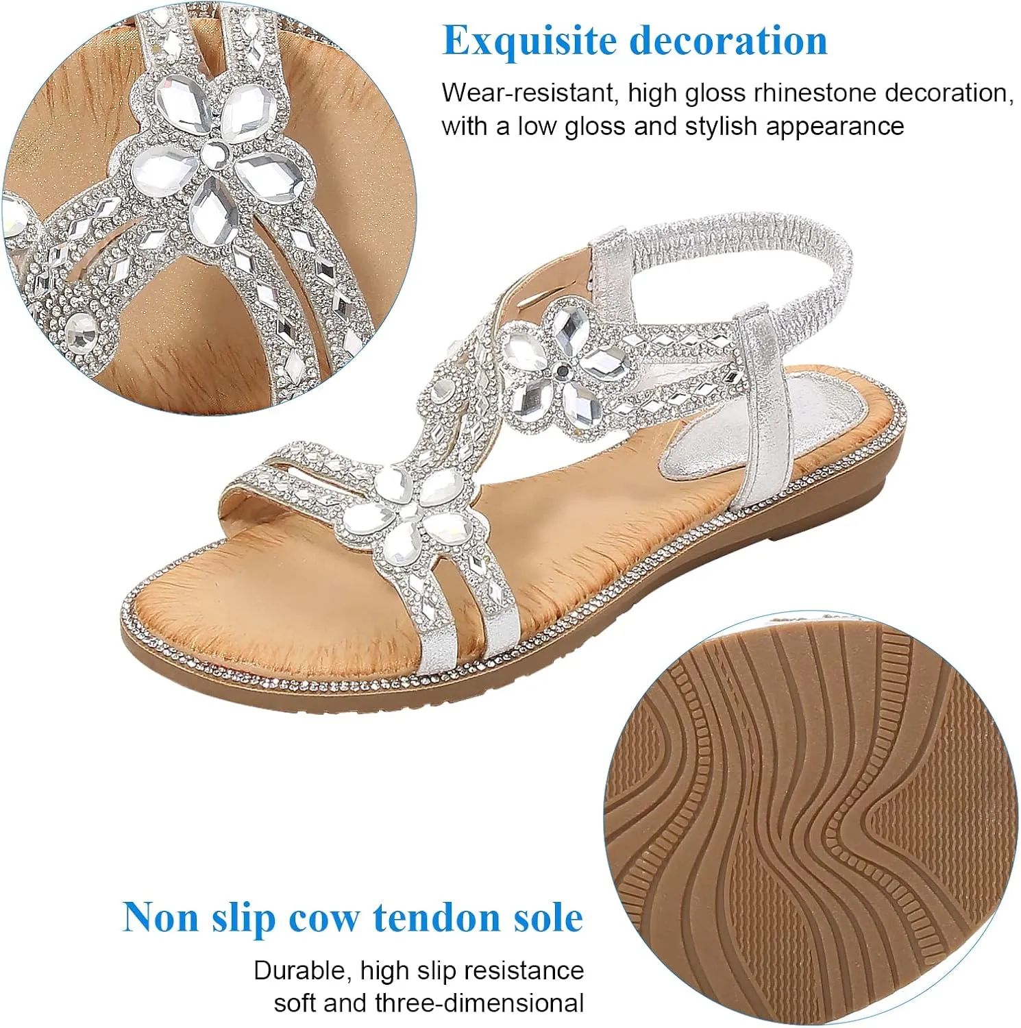 Women's Beaded Rhinestones Sandals T-Strap Bohemian Sandals Breathable Dressy Summer Shoes Outdoor