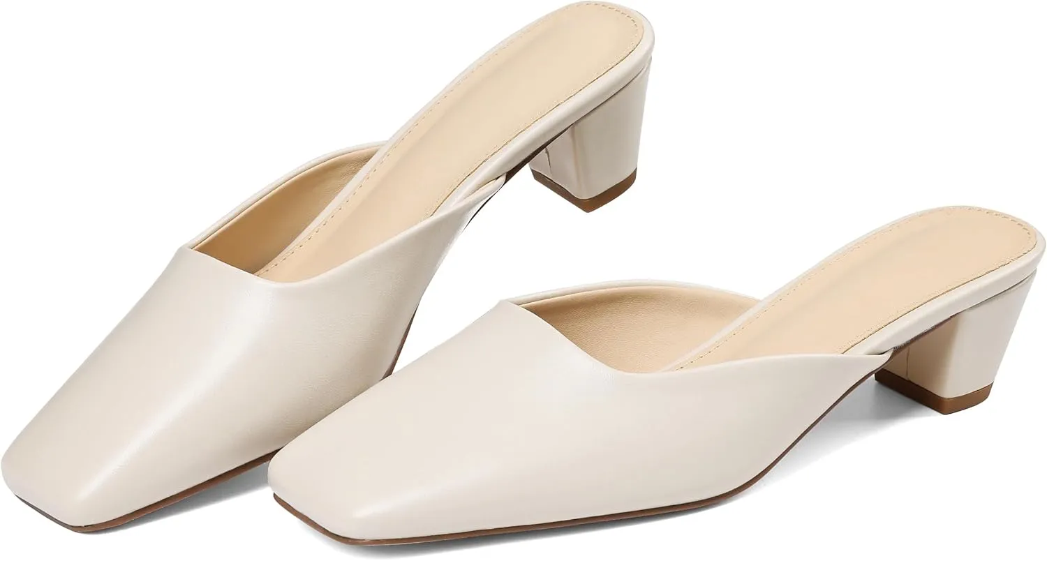 Women's Black Mules Block Kitten Heels Closed Square Toe Slip On Slingback Casual Dress Shoes