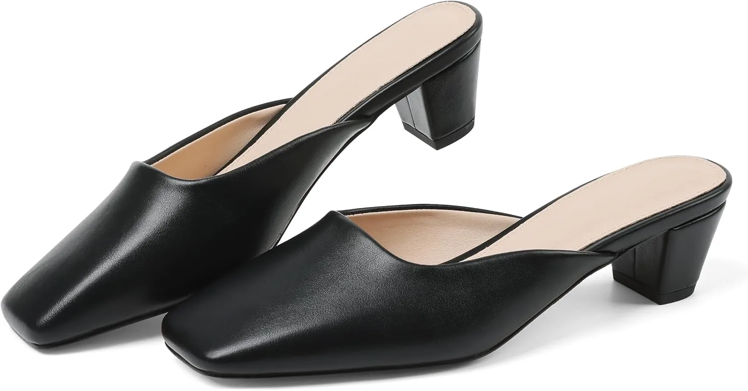 Women's Black Mules Block Kitten Heels Closed Square Toe Slip On Slingback Casual Dress Shoes