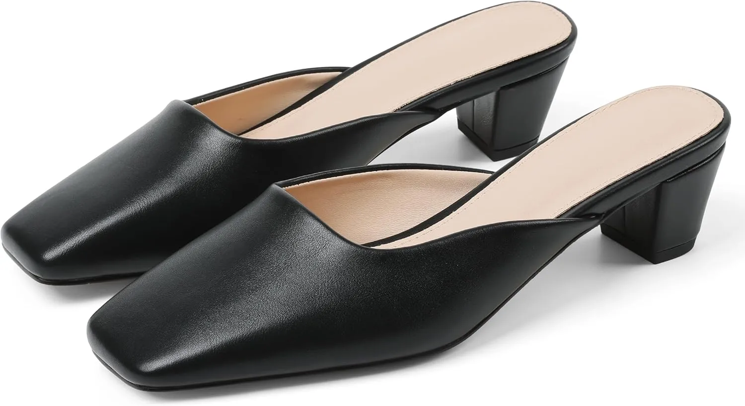 Women's Black Mules Block Kitten Heels Closed Square Toe Slip On Slingback Casual Dress Shoes