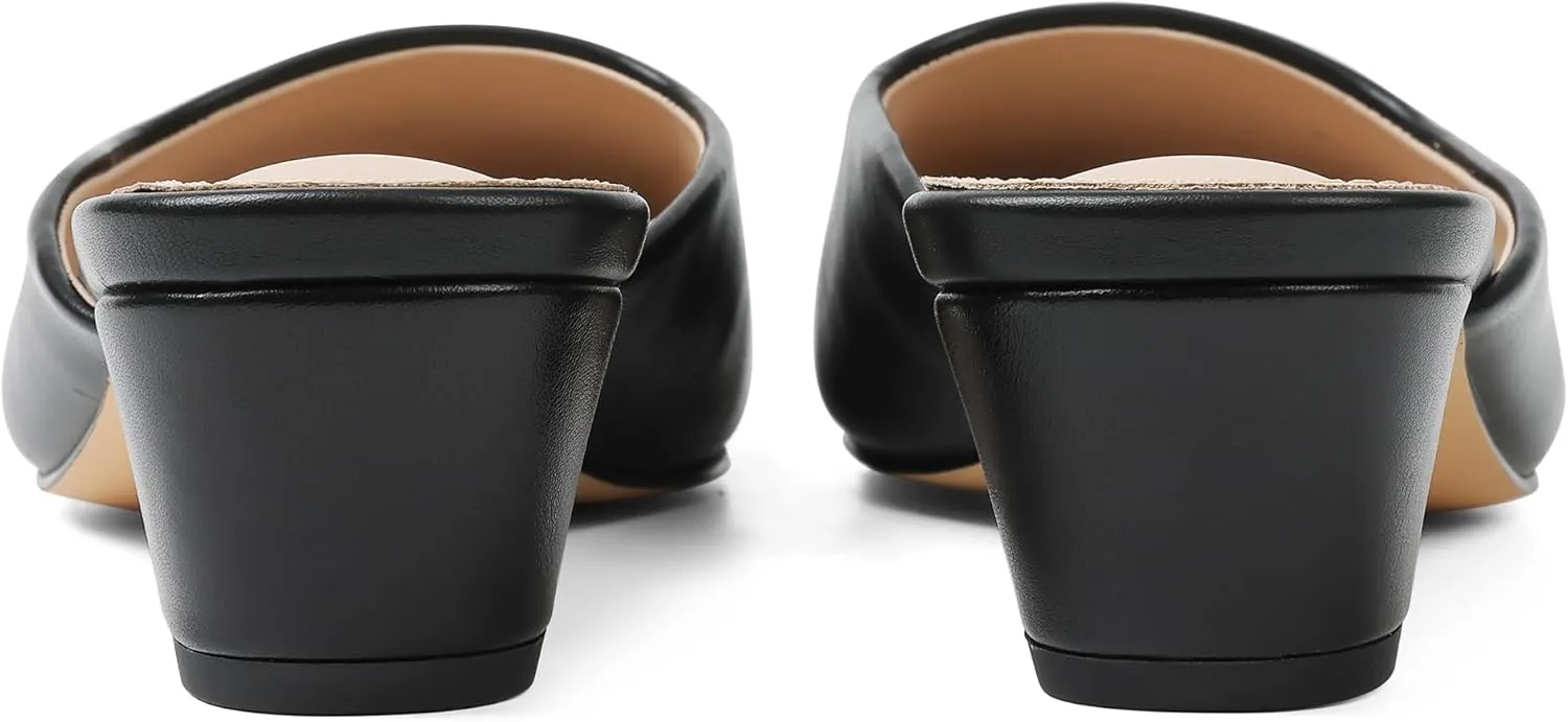 Women's Black Mules Block Kitten Heels Closed Square Toe Slip On Slingback Casual Dress Shoes