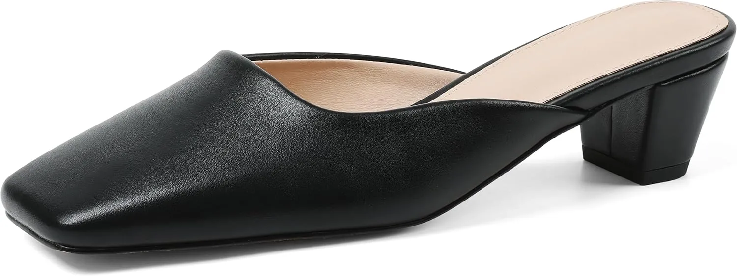 Women's Black Mules Chunky Kitten Heels Closed Square Toe Slip On Slingback Casual Dress Shoes